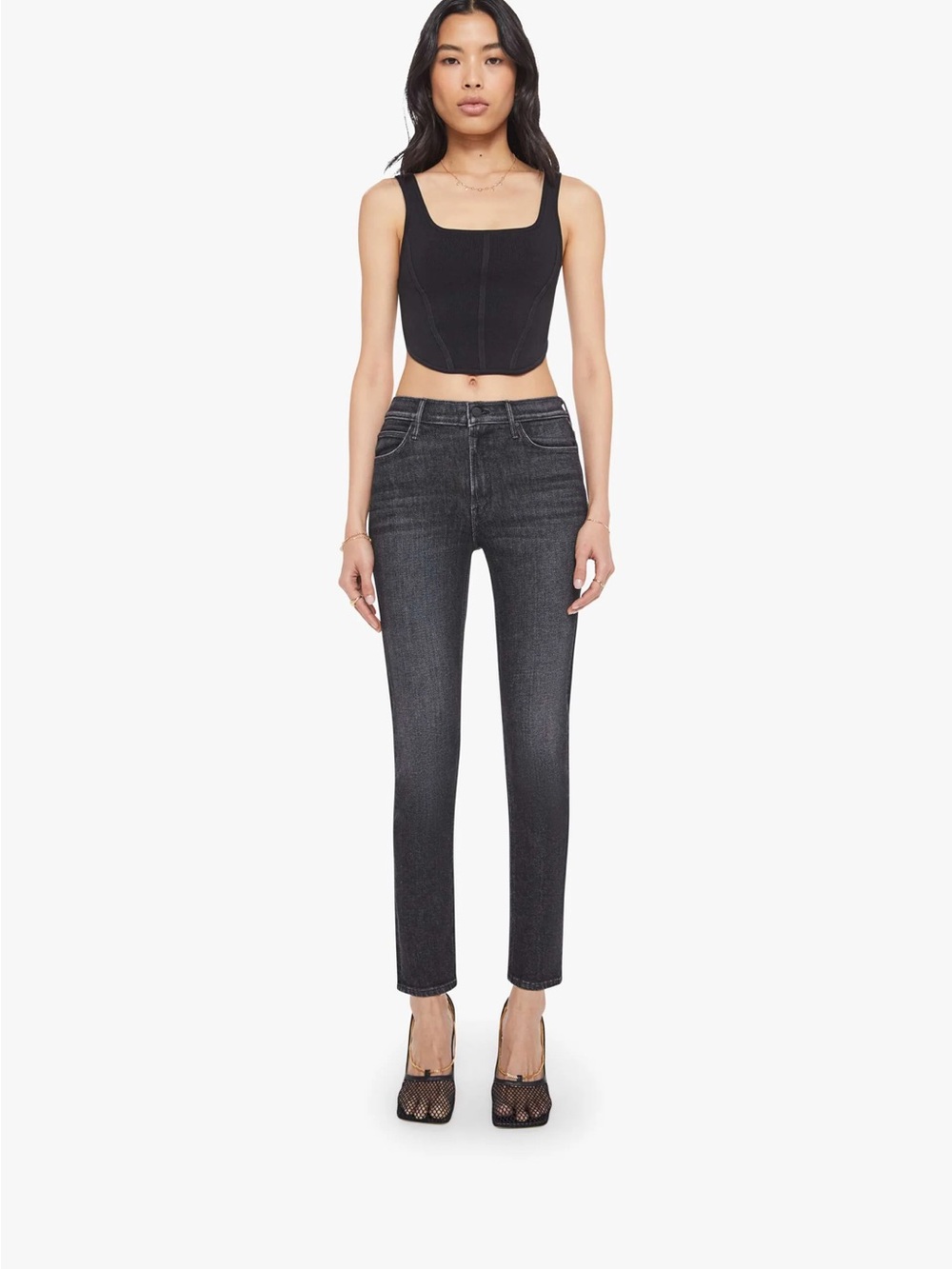 MOTHER Mid Rise Dazzler Flood Skinny Jeans in Washed Black